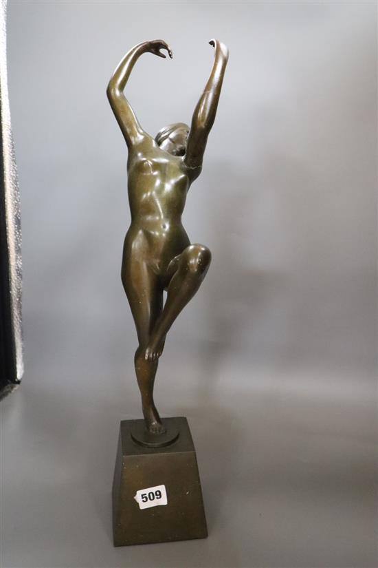 H. Calot. A bronze of a nude dancer (arm a.f.), height 53cm